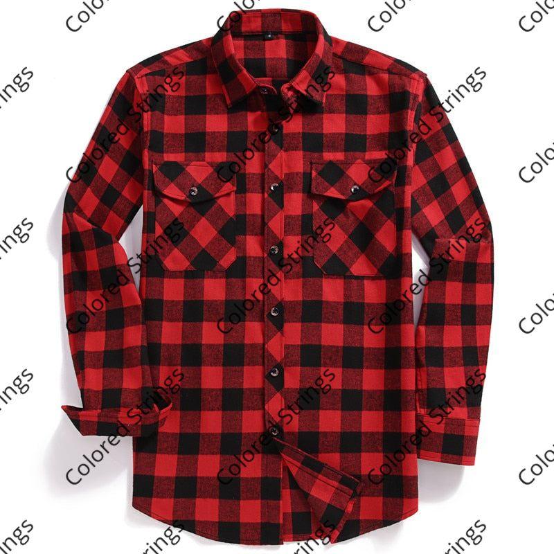 2022 New Men Casual Plaid Flannel Shirt Long-Sleeved Chest Two Pocket Design Fashion Printed-Button (USA SIZE S M L XL 2XL)