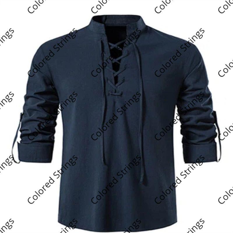 2023 New Men's V-neck shirt T-shirt Fashion Vintage Thin Long Sleeve Top men Casual Breathable Viking Front Lace Up man Shirts