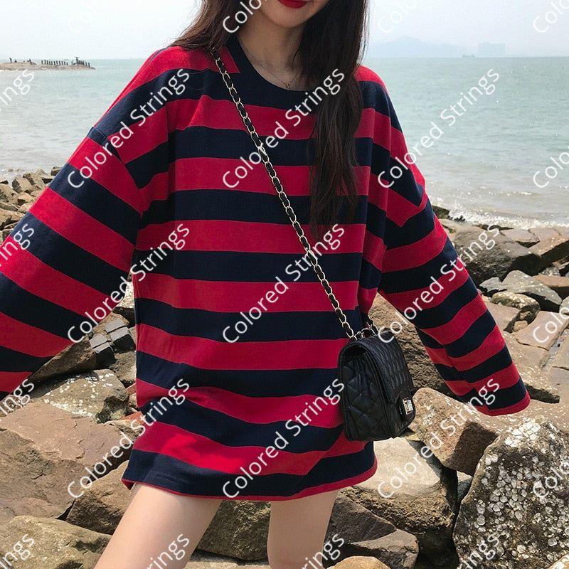 Striped Shirt Streetwear Harajuku Couple Tops Female Long Sleeve Gothic Shirts Spring Oversize Woman T-shirt Vintage Blouse
