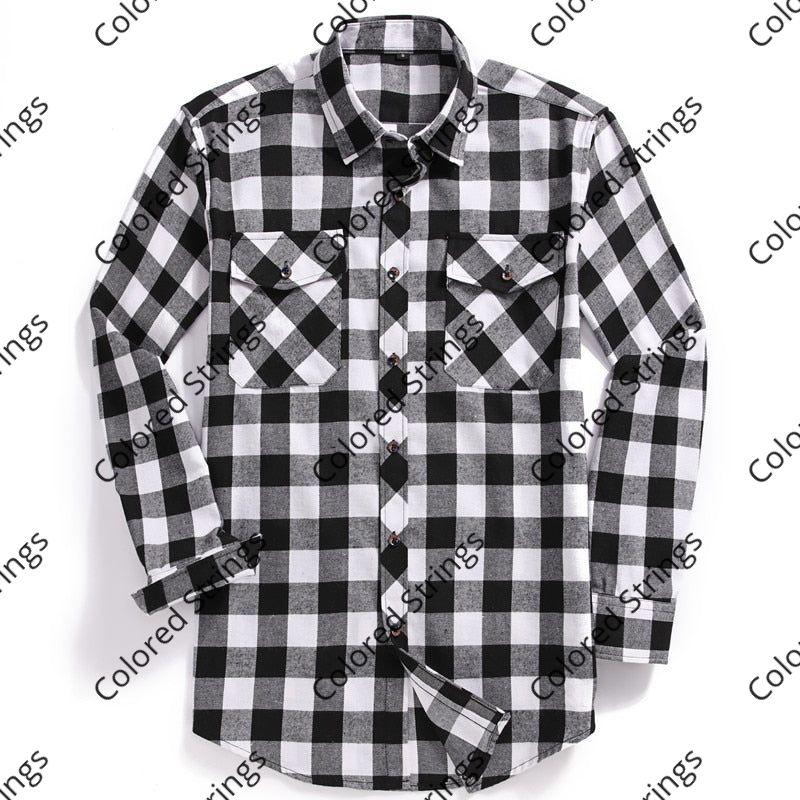 2022 New Men Casual Plaid Flannel Shirt Long-Sleeved Chest Two Pocket Design Fashion Printed-Button (USA SIZE S M L XL 2XL)
