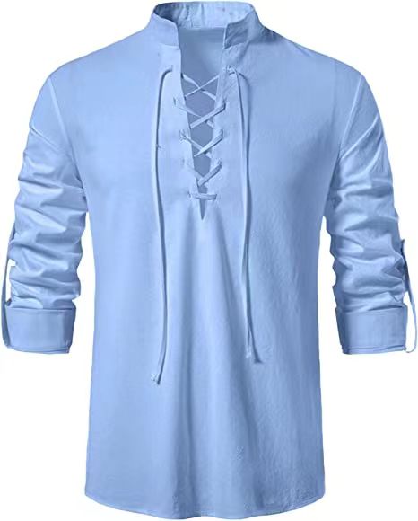 2023 New Men's V-neck shirt T-shirt Fashion Vintage Thin Long Sleeve Top men Casual Breathable Viking Front Lace Up man Shirts