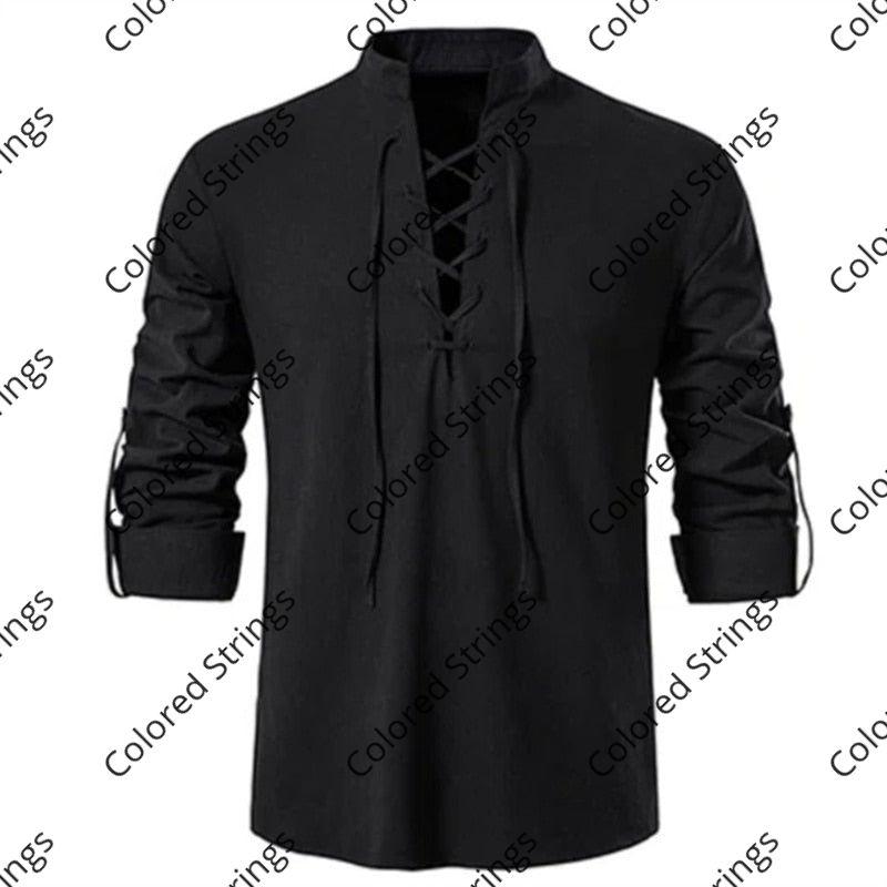 2023 New Men's V-neck shirt T-shirt Fashion Vintage Thin Long Sleeve Top men Casual Breathable Viking Front Lace Up man Shirts