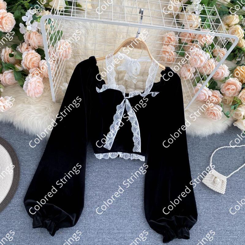 Sexy Halter Lace Patchwork Short Blouse For Women Casual Puff Sleeve Velvet Shirt Female Black Tops New Fashion Autumn Winter