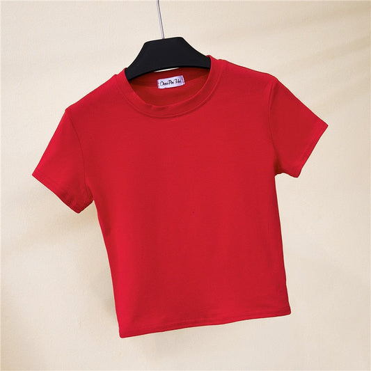 2022 Crop Top T-Shirt Female Solid Cotton O-Neck Short Sleeve T-Shirt For Women Summer High Waist Slim Short Sport Femme T-Shirt