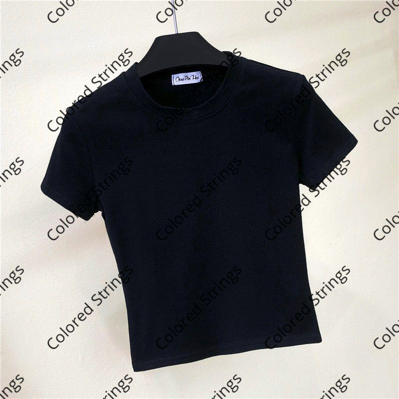 2022 Crop Top T-Shirt Female Solid Cotton O-Neck Short Sleeve T-Shirt For Women Summer High Waist Slim Short Sport Femme T-Shirt