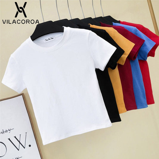 2022 Crop Top T-Shirt Female Solid Cotton O-Neck Short Sleeve T-Shirt For Women Summer High Waist Slim Short Sport Femme T-Shirt