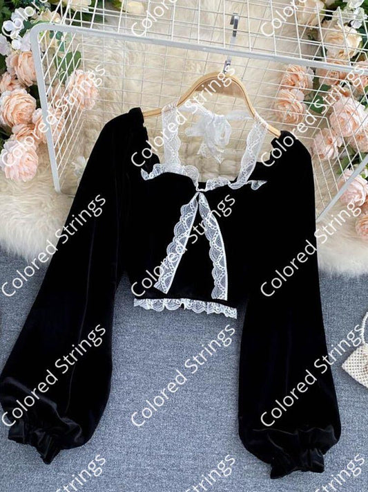 Sexy Halter Lace Patchwork Short Blouse For Women Casual Puff Sleeve Velvet Shirt Female Black Tops New Fashion Autumn Winter