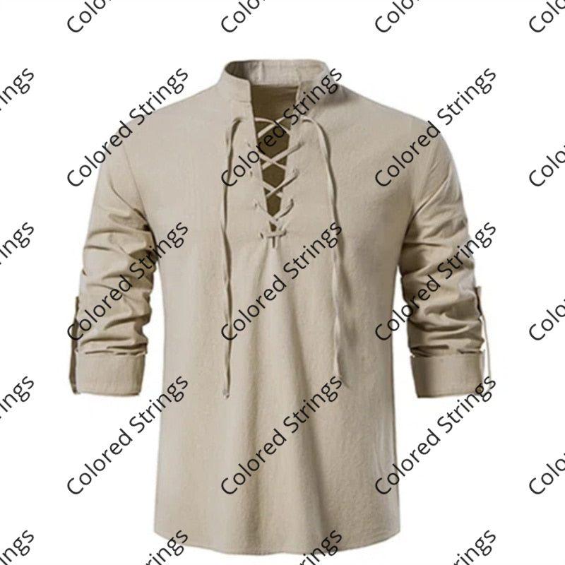 2023 New Men's V-neck shirt T-shirt Fashion Vintage Thin Long Sleeve Top men Casual Breathable Viking Front Lace Up man Shirts